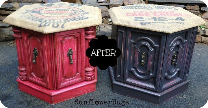 here s a new idea on how to use those printed burlap sacks, decoupage, painted furniture, repurposing upcycling