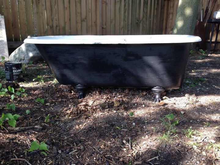 clawfoot tub with water pump garden attraction, container gardening, flowers, gardening, ponds water features, Flat black