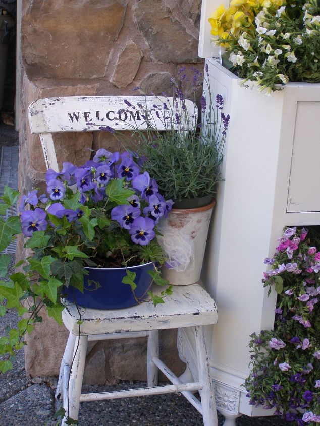 vintage porch vignette, chalk paint, container gardening, gardening, porches, repurposing upcycling