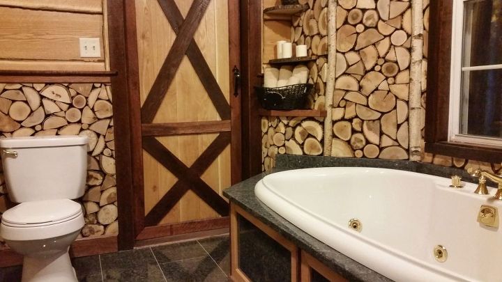 master bath makeover using tree cut offs, bathroom ideas, repurposing upcycling, wall decor