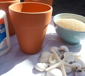 sand and seashell covered terra cotta pots, container gardening, crafts, gardening, home decor, how to