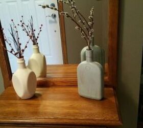 painted liquor bottle vases, chalk paint, crafts, repurposing upcycling