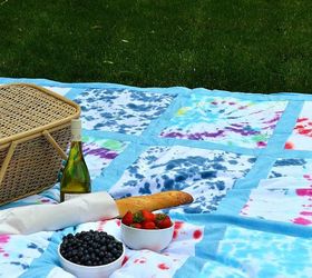 tie dyed t shirt quilt picnic blanket, crafts, how to, outdoor living, repurposing upcycling