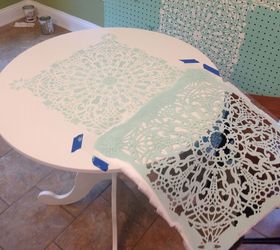 a little ikea table gets a big makeover ces stephanie s lace allover, chalk paint, painted furniture, Stencil Placement 2