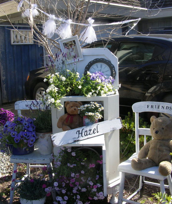 vintage greeting station for toddler birthday party, container gardening, gardening, repurposing upcycling