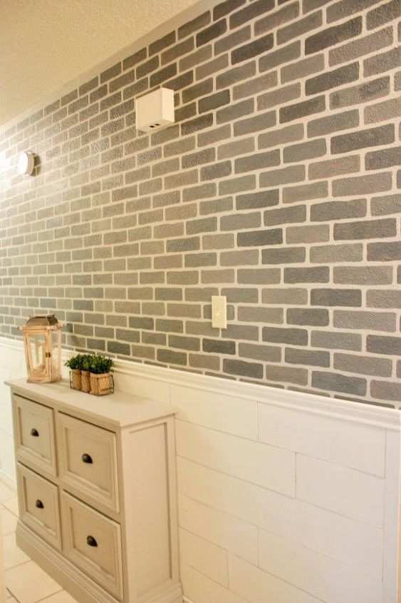 a diy stenciled brick hallway accent wall