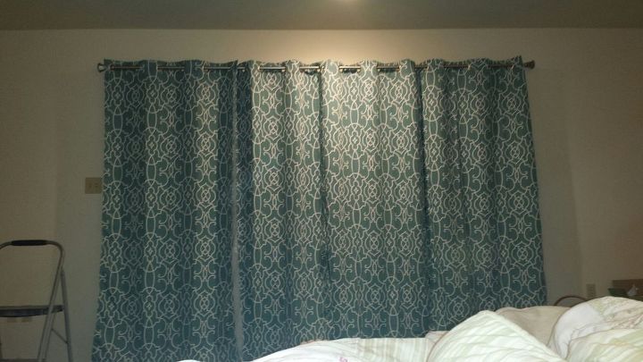 q how to add stylish room darkening privacy for the bedroom window door, bedroom ideas, window treatments, windows, Here is a picture of the curtains right after we hung them up before my mom sewed two panels together on either side