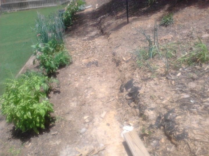 my backyard slope needs serious help, A makeshift path I shoveled that s crumbling down