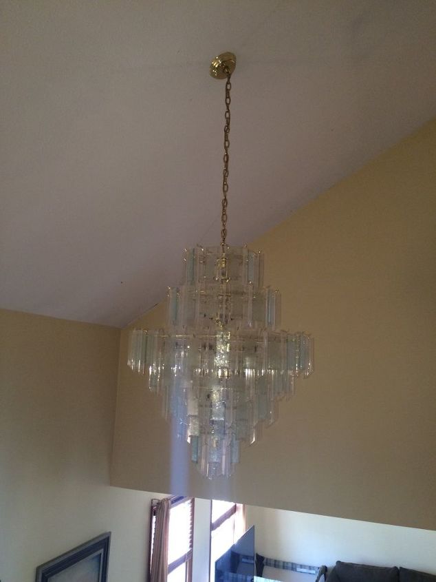 how can i transform this 1980s glass chandelier, From the upstairs