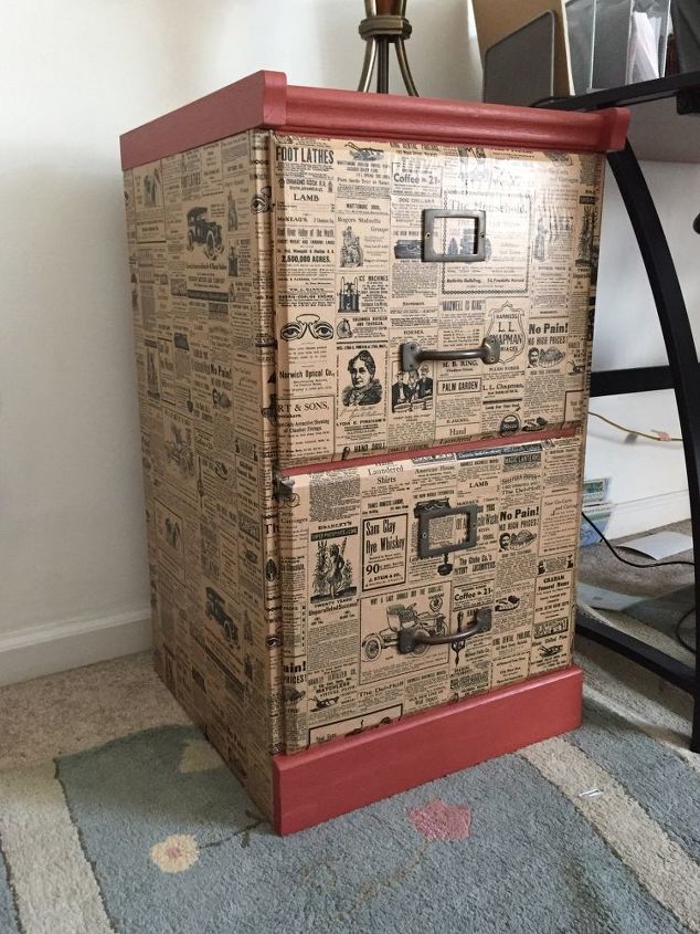 file cabinet upcycle with wrapping paper, chalk paint, decoupage, painted furniture