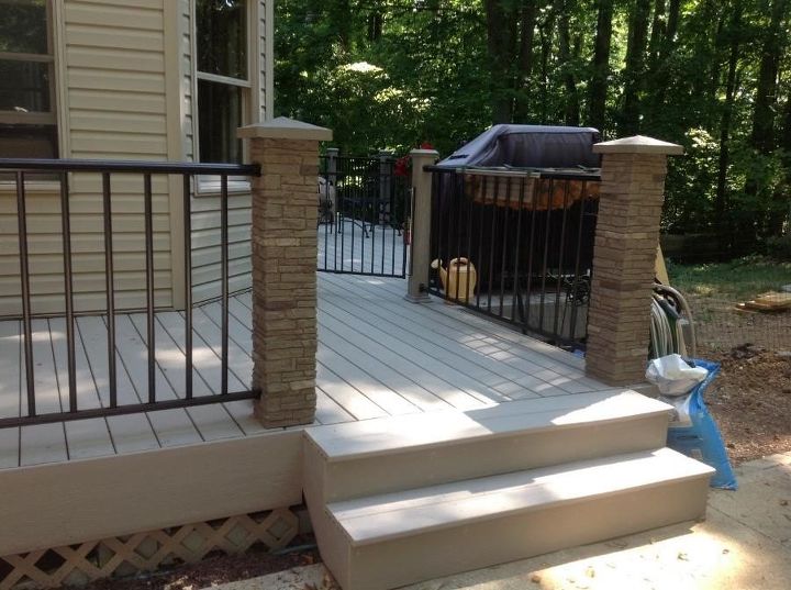 replacing old wooden deck with composite deck, concrete masonry, decks, outdoor living, faux stacked stone post sleeves