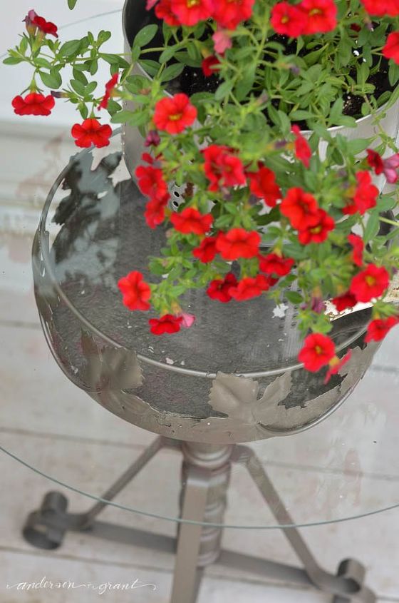 how to create an outdoor accent table out of a rusty plant stand, container gardening, gardening, how to, outdoor living