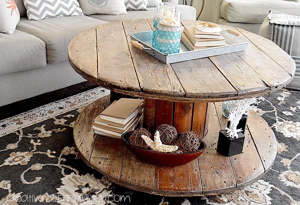 weathered spool coffee table, painted furniture, repurposing upcycling