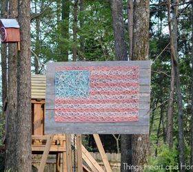 string art flag on pallet wood, crafts, how to, pallet, patriotic decor ideas, repurposing upcycling, seasonal holiday decor