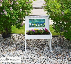 repurposed bench turned pretty planter, container gardening, flowers, gardening, painted furniture, repurposing upcycling