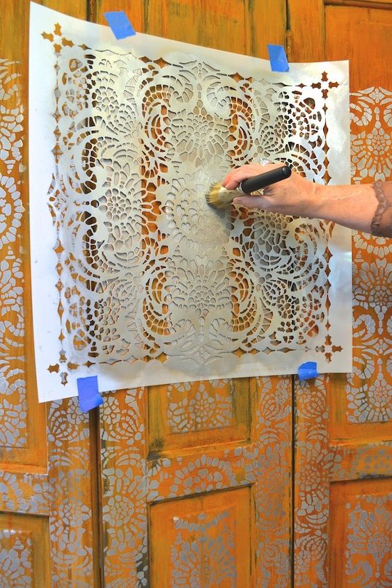the elegant side of rust a rust and platinum stenciled room divider, home decor, painting
