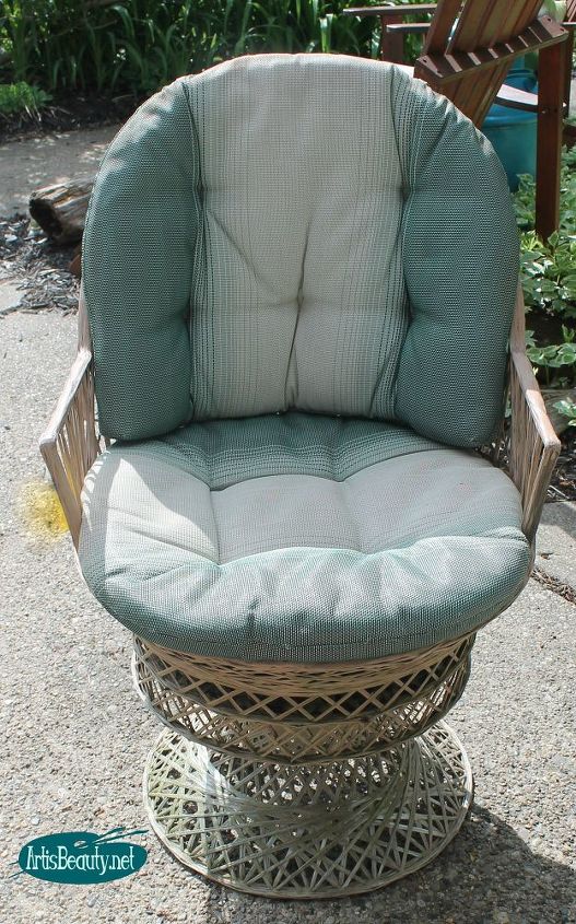 wicker patio chair set spray painted makeover, outdoor furniture, outdoor living, painted furniture, reupholster