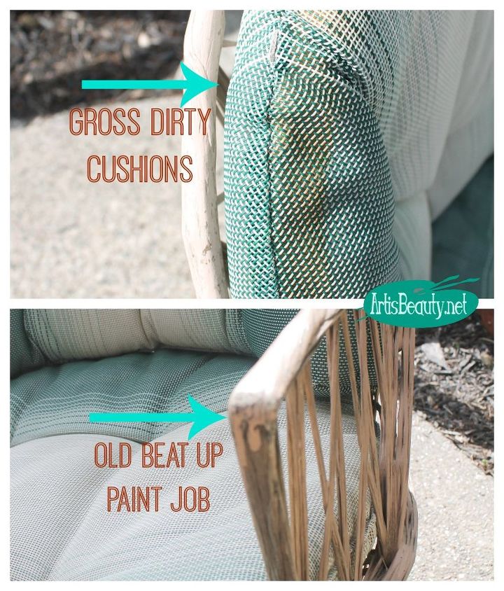 wicker patio chair set spray painted makeover, outdoor furniture, outdoor living, painted furniture, reupholster