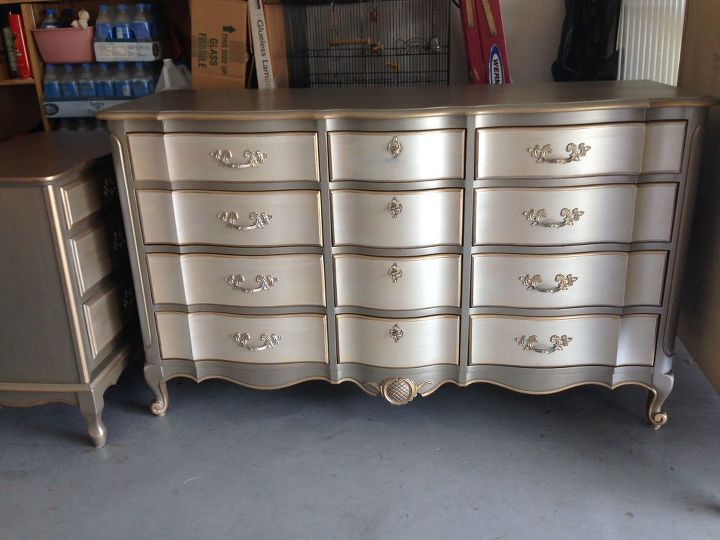 metallic two toned dresser and side table, painted furniture