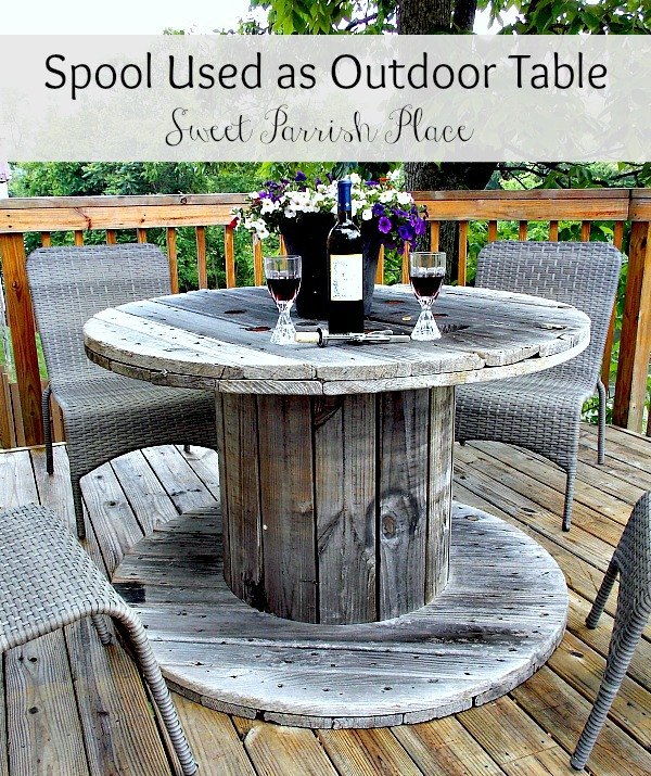 wooden spool as patio table, outdoor furniture, outdoor living, repurposing upcycling