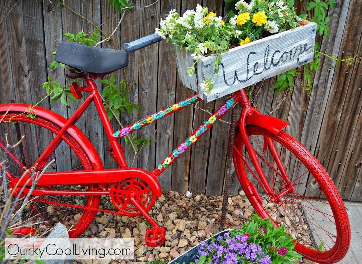 repurposed garden bike, container gardening, gardening, repurposing upcycling
