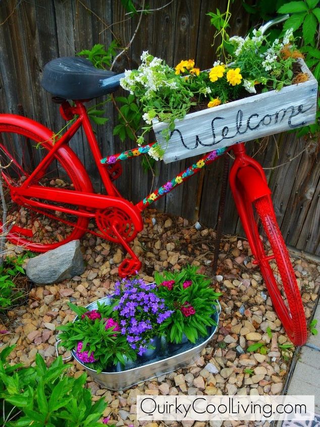 repurposed garden bike, container gardening, gardening, repurposing upcycling