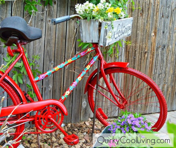 repurposed garden bike, container gardening, gardening, repurposing upcycling