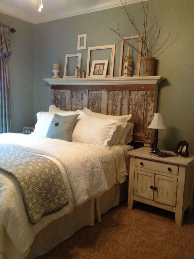 90 year old door made into a headboard to fit both a king size and queen size bed, This headboard s new home The Decorator did a wonderful job with this color palette It looks so comfy