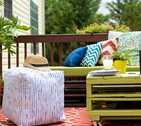 west elm inspired striped pouf, how to, outdoor furniture, painted furniture, pallet, reupholster