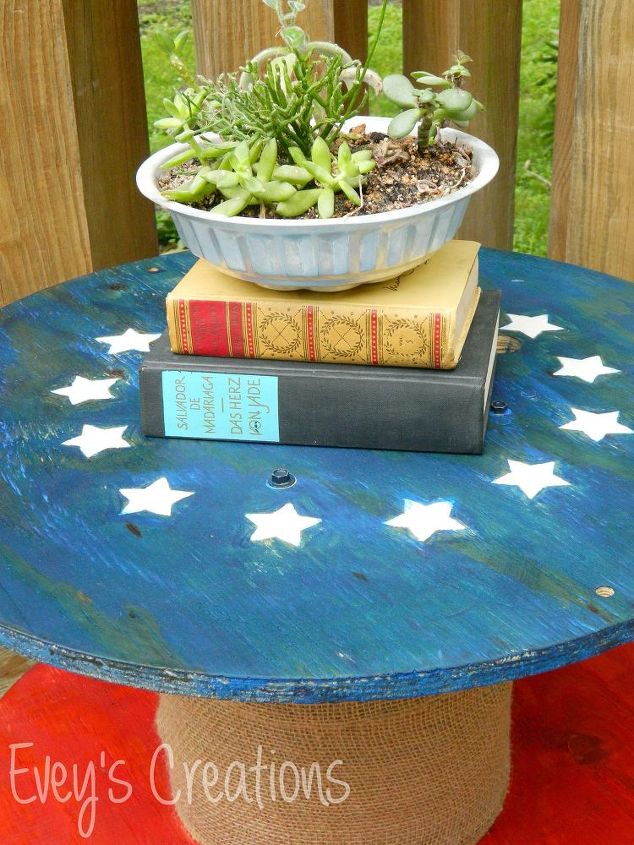 electrical spool upcycled into patriotic plant stand summergarden, container gardening, gardening, patriotic decor ideas, repurposing upcycling, seasonal holiday decor