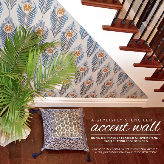 a peacock feather allover stenciled accent wall, living room ideas, painting, wall decor