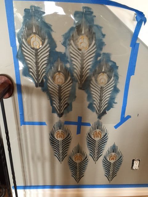 a peacock feather allover stenciled accent wall, living room ideas, painting, wall decor