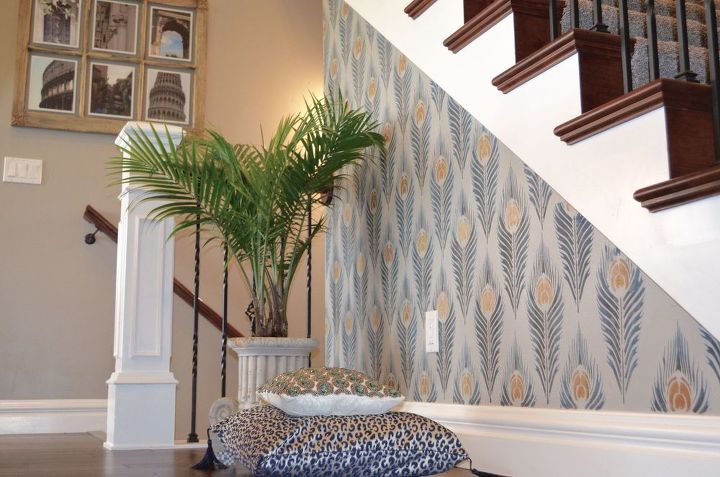 a peacock feather allover stenciled accent wall, living room ideas, painting, wall decor
