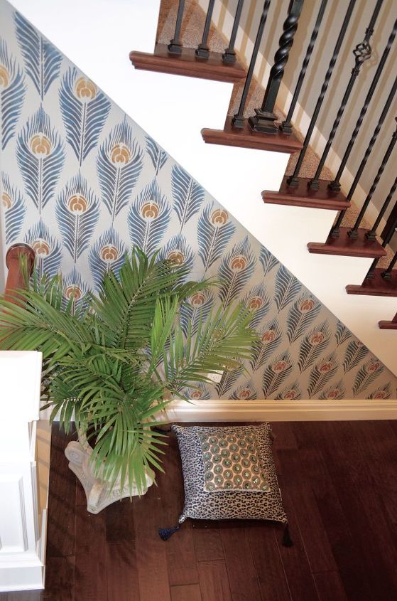 a peacock feather allover stenciled accent wall, living room ideas, painting, wall decor
