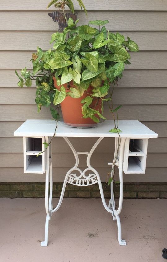 old sewing machine base becomes beautiful plant stand, container gardening, gardening, repurposing upcycling