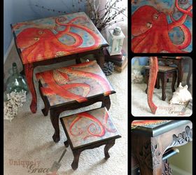 three nesting tables with octopus design, painted furniture