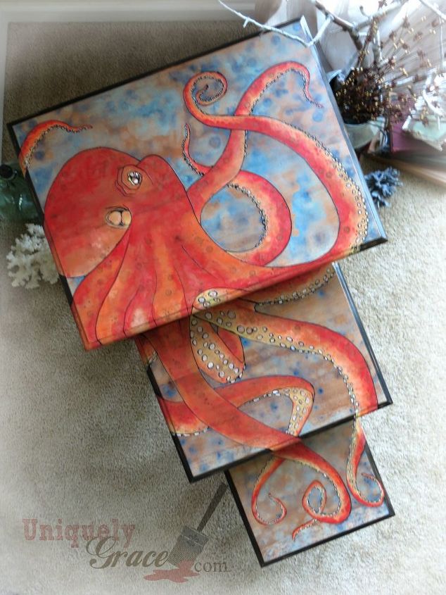 three nesting tables with octopus design, painted furniture
