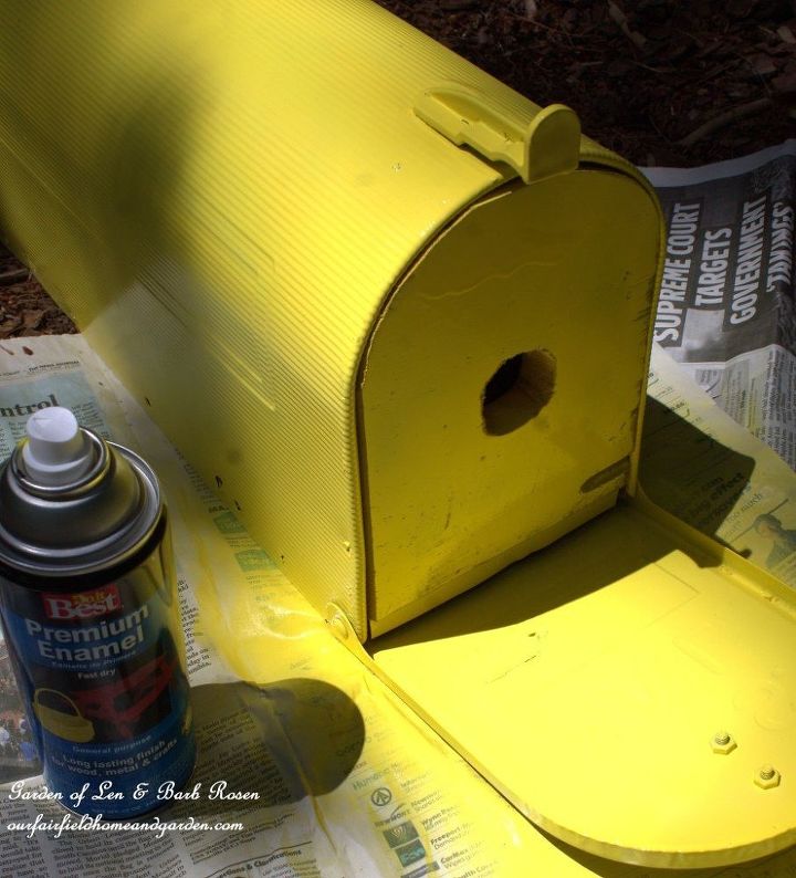 diy mailbox birdhouse, crafts, curb appeal, how to, Then I spray painted it yellow