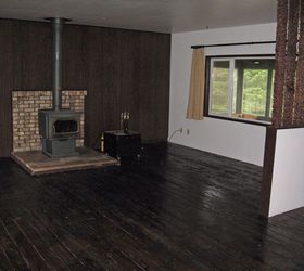 hardwood floor wall panelling and fireplace makeover, concrete masonry, flooring, hardwood floors, living room ideas, wall decor, First step staining the wood floor
