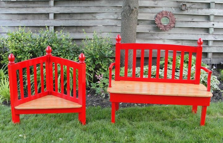 red adult bench with child seat headboard foot board set, outdoor furniture, painted furniture, repurposing upcycling