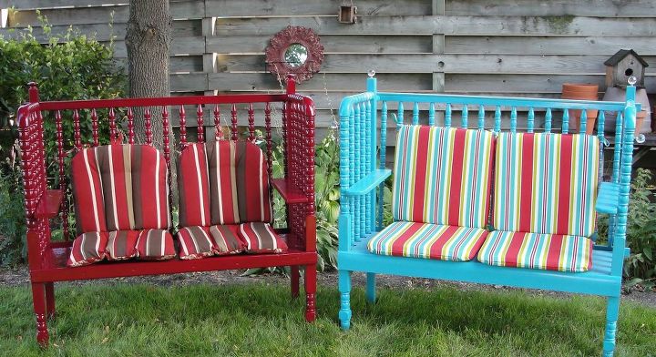 two garden benches made using a jenny lind crib