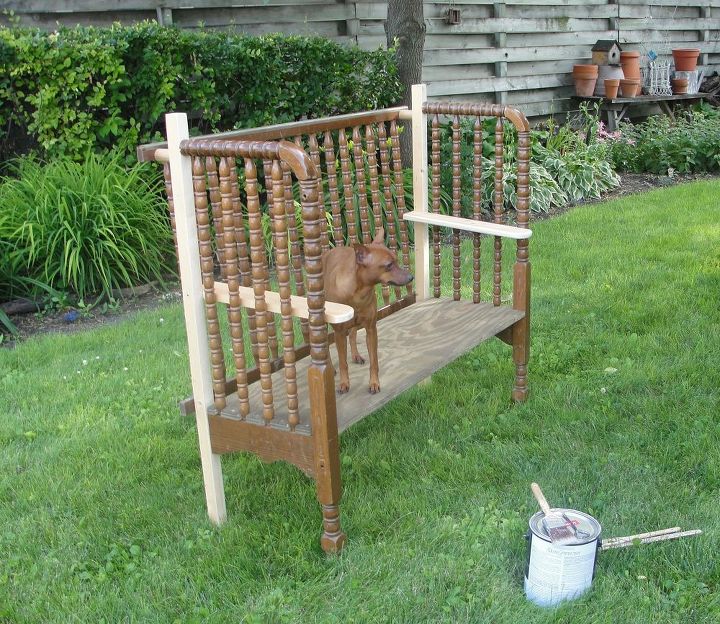 two garden benches made using a jenny lind crib