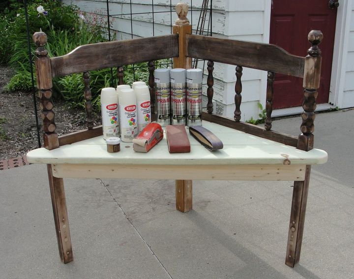 corner bench made using a wood bed headboard, outdoor furniture, painted furniture, repurposing upcycling