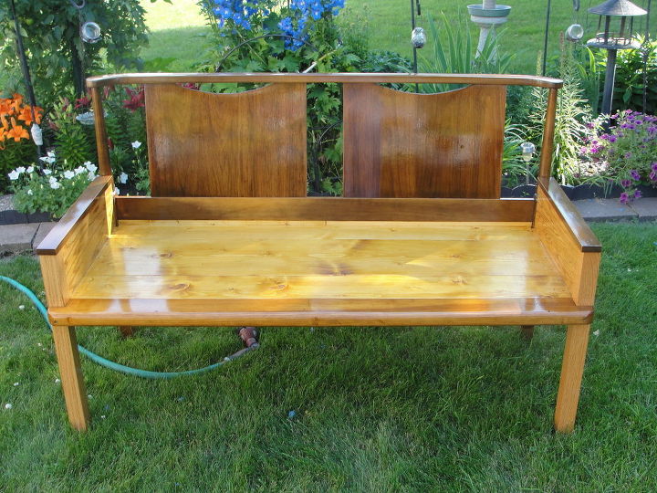 retro bench made using a wood bed head foot board, outdoor furniture, painted furniture, repurposing upcycling