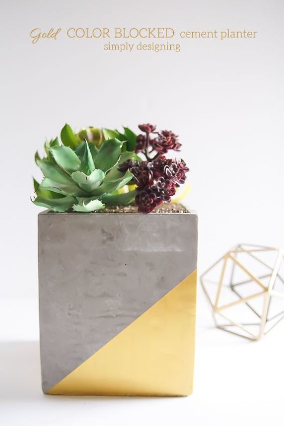 gold color blocked cement planter, concrete masonry, container gardening, gardening, succulents