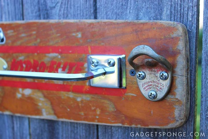 no 3 repurposed water ski to towel rack with shelf bottle opener, outdoor living, repurposing upcycling, shelving ideas, storage ideas