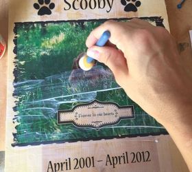 diy pet memorial photo bench, decoupage, diy, how to, outdoor furniture, woodworking projects, Apply Mod Podge over image