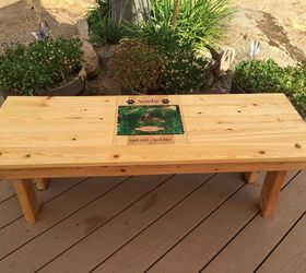 diy pet memorial photo bench, decoupage, diy, how to, outdoor furniture, woodworking projects, Completed pet memorial bench