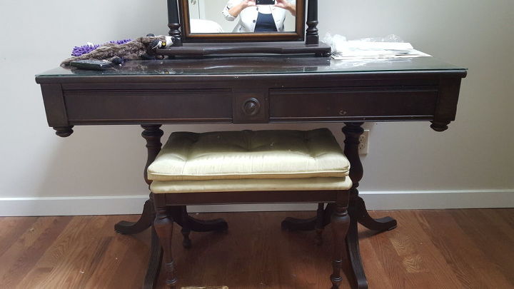 q to paint or not to paint inherited furniture, painted furniture, repurposing upcycling, Vanity that I will need to reupholster the bench for