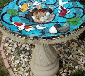 mosaic redo on damaged birdbath, concrete masonry, outdoor living, pets animals